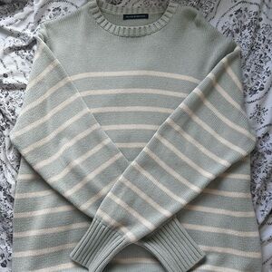 Brandy Melville Women's Crewneck Sweater - Sage and Cream Stripes